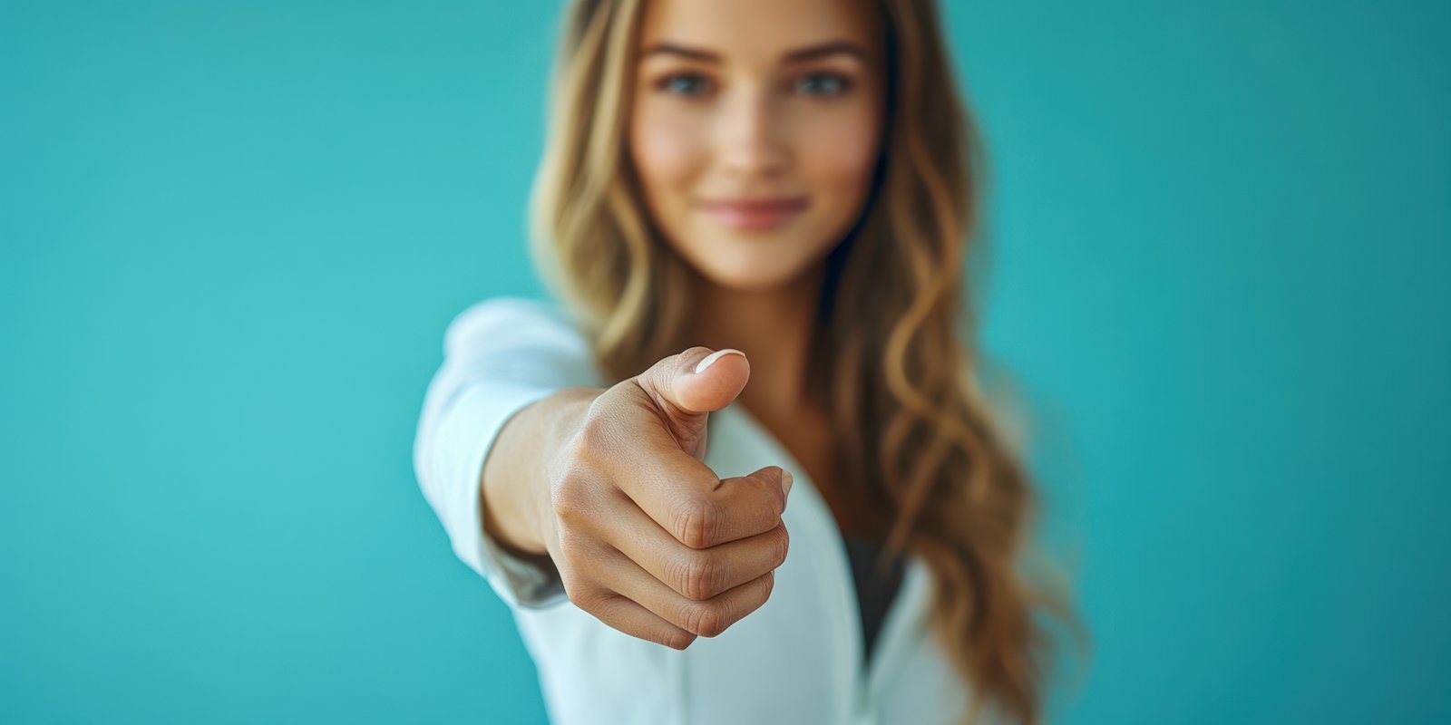 Smiling woman giving a thumbs up against a bright blue background in a cheerful setting
